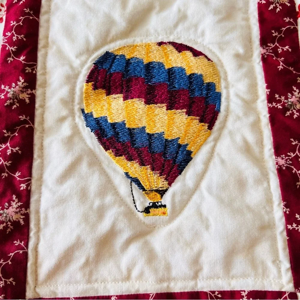 Bespoke Handmade Embroidered Hot Air Balloon Cotton Wall-Hanging Quilt.